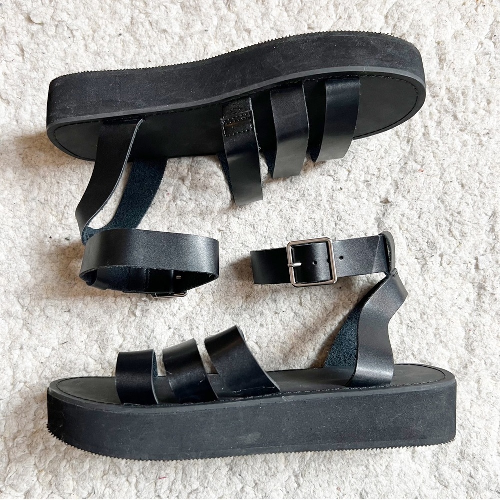 ASOS: Three Vamp Strap Black Leather Ankle Closure Platform Sandals Size 9W